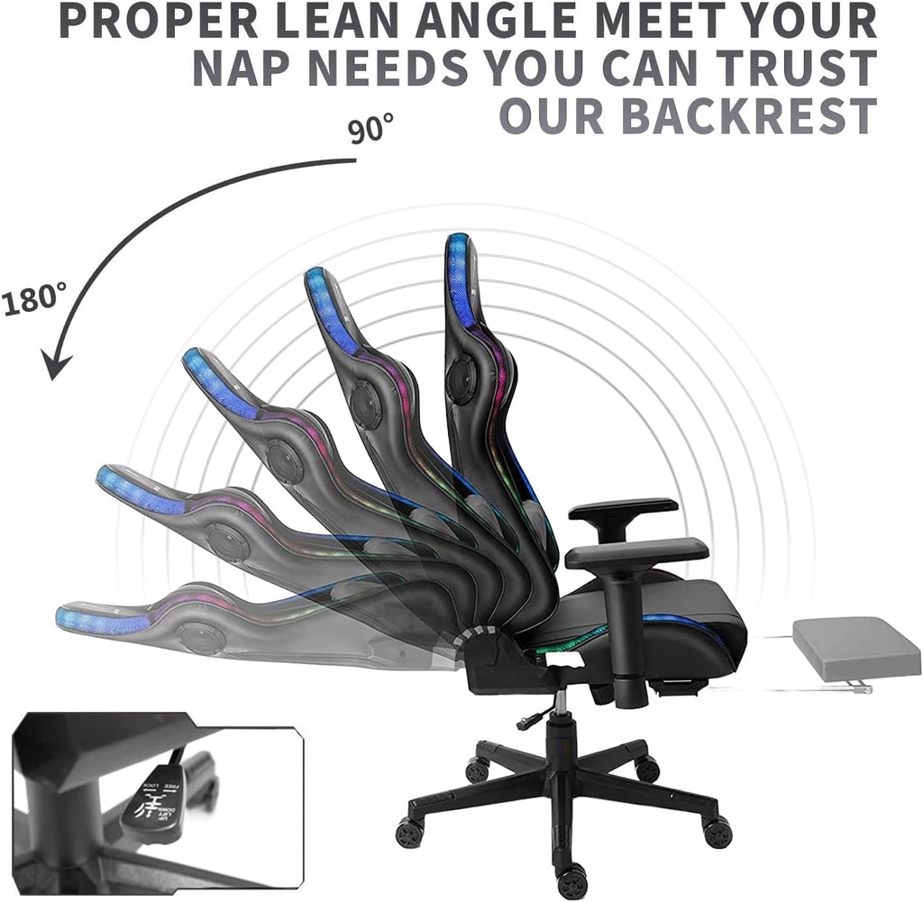 Ergonomic Massage Gaming Chair with Speakers and RGB Lights, PU Leather Computer Office Chair with Footrest, High Back Recliner Chair 360° Swivel Height Adjustment Music Video Game Chair,Black