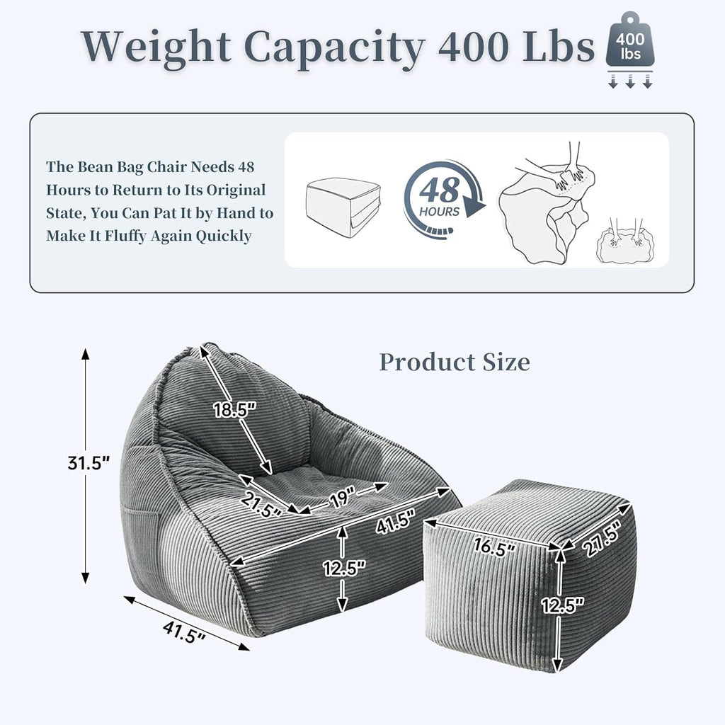 Ultra Soft Bean Bag Chair for Adults with Ottoman, Oversized Floor Sofa for Living Room, Gaming, Lounging, Napping (Gray)