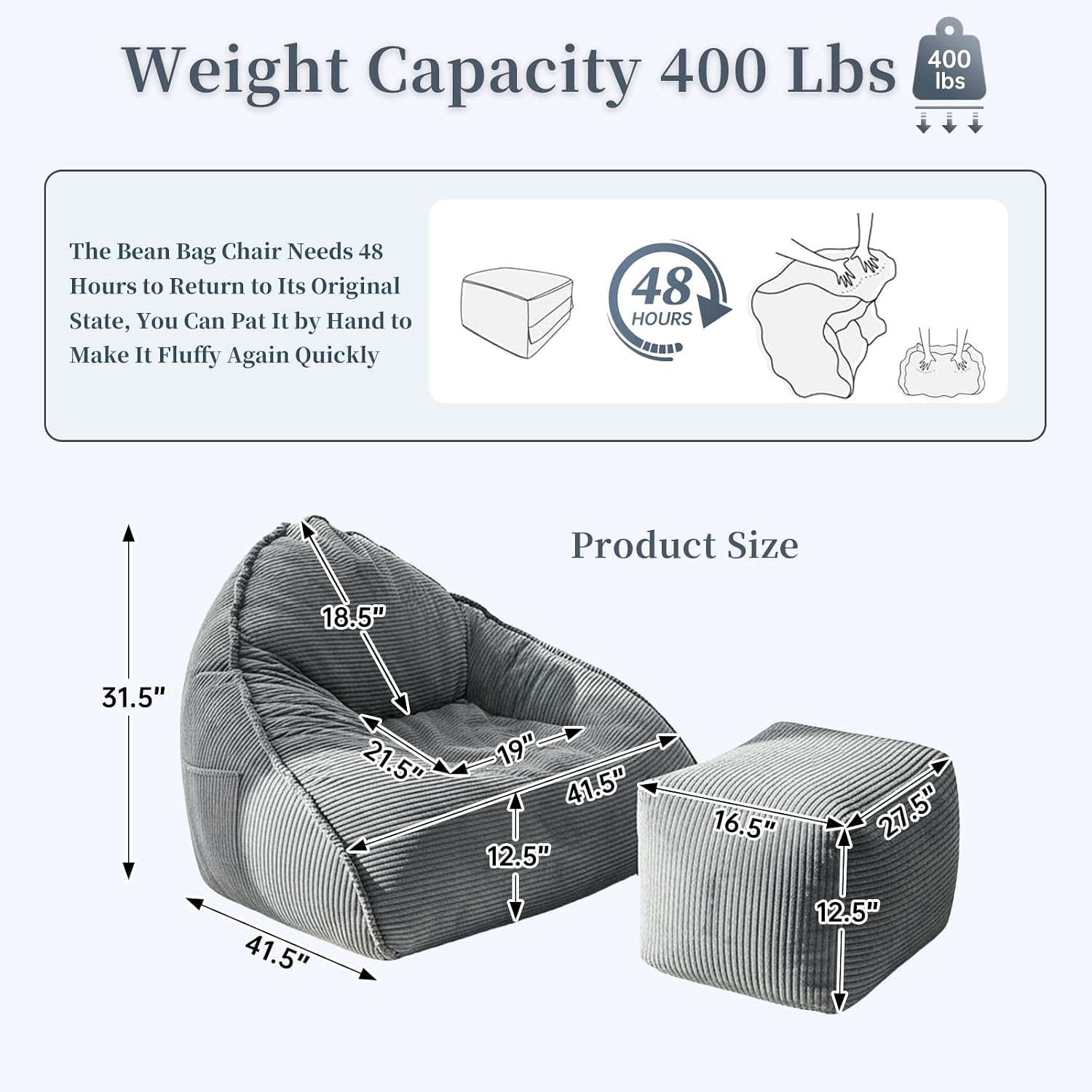 Ultra Soft Bean Bag Chair for Adults with Ottoman, Oversized Floor Sofa for Living Room, Gaming, Lounging, Napping (Gray)