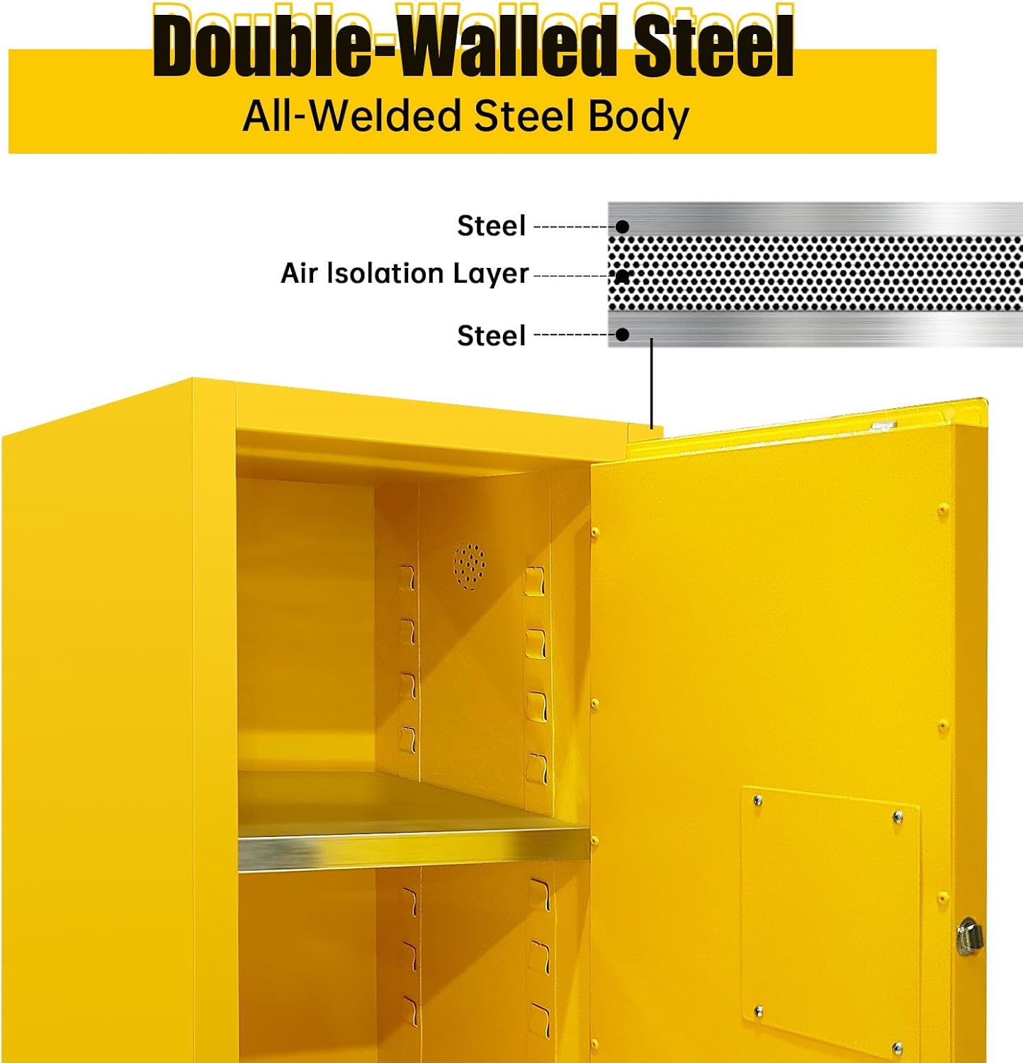Flammable Cabinet, 18 Gallon Hazardous Storage Cabinets, Galvanized Steel Safety Storage Cabinet, Adjustable Shelf Fireproof Cabinet, for Commercial Industrial and Home Use, Yellow, 35H x 18W x 18.2D