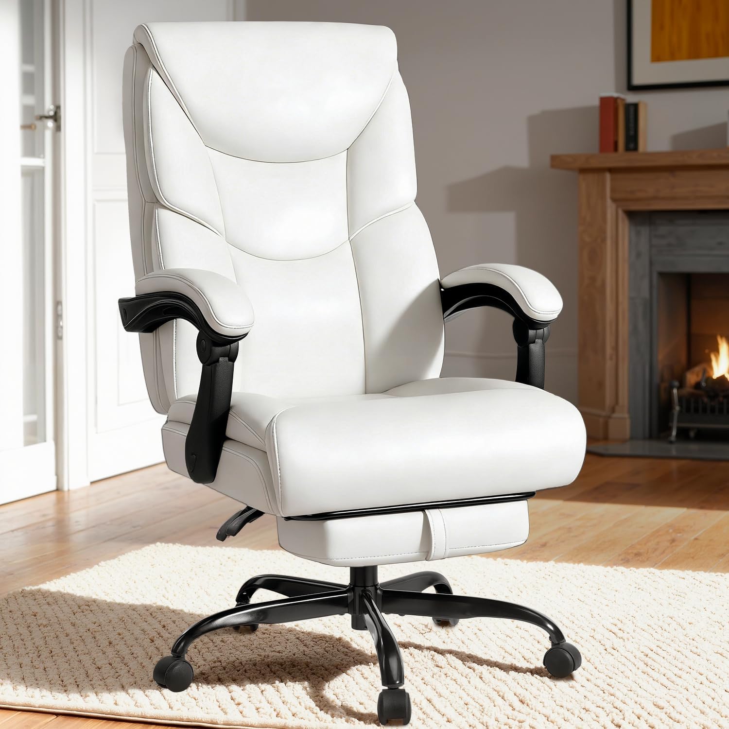 WAILOR 400lbs Office Chair with Foot Rest, Reclining Big and Tall Office Chair with Lumbar Support, High Back PU Leather Computer Chair,Comfy Desk Chair for Home Office (Casual) (White)