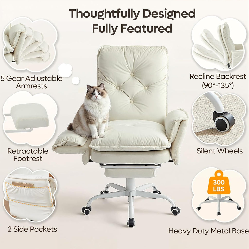 Bestier Criss Cross Office Chair with Flip-Up Armrests, High Back Executive Chair with Footrest & Wheels, Cross Legged Desk Chair for Home Office, Beige Velvet