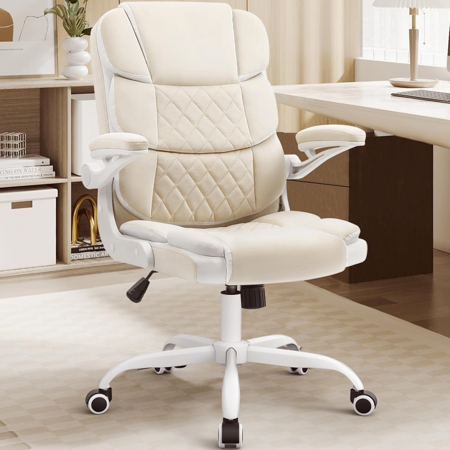 SEATZONE Office Chair Velvet Fabric Ergonomic Executive Computer Desk Chairs Small Cute Rolling Task Chairs for Teens&Adults,Beige