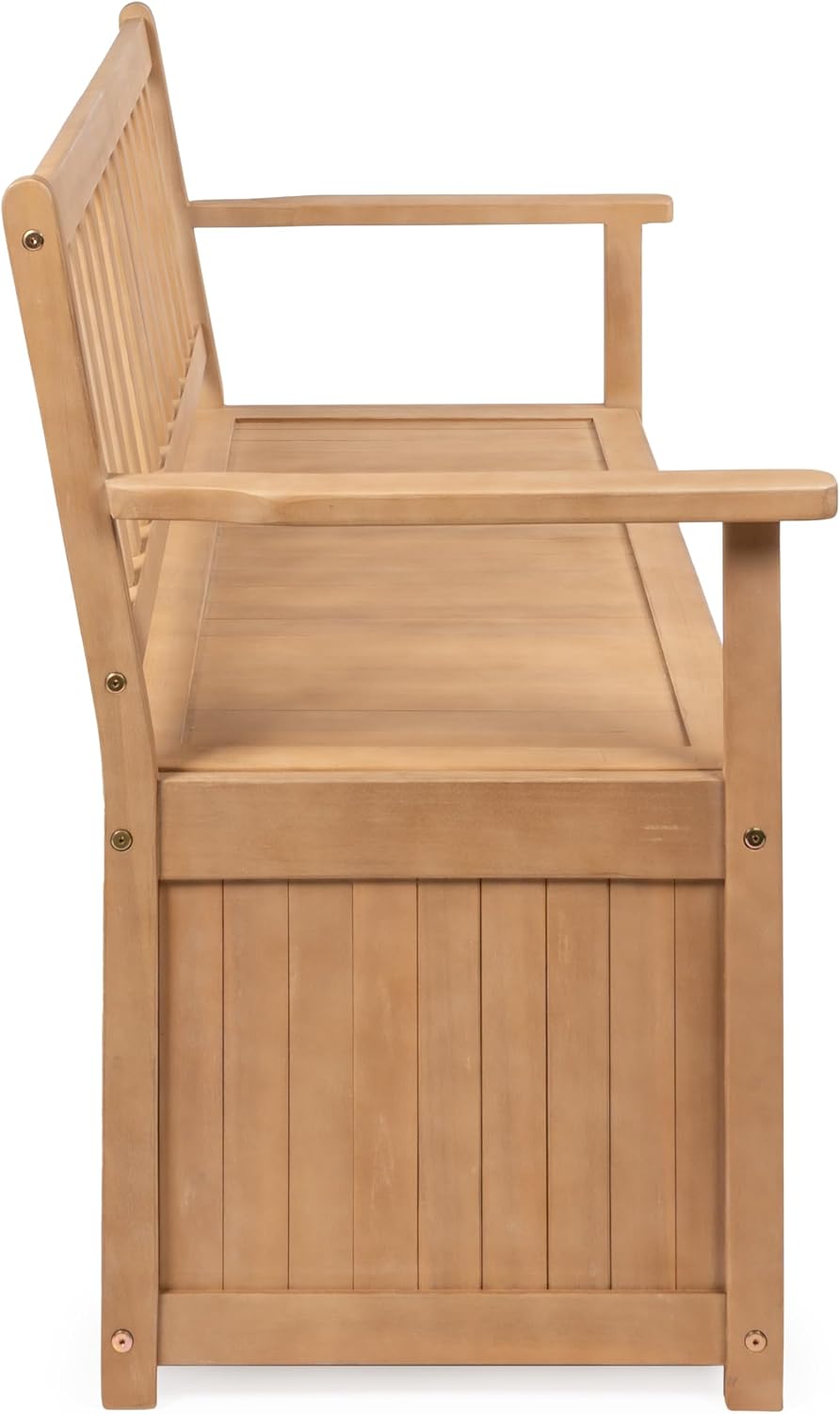 happimess STB1000A Sophie 48' Traditional Farmhouse Lift-Top Acacia Wood Storage & Entry Bench, Light Teak Matte Finish, with Seating & Armrest for Patio, Garden, Porch, Backyard, Poolside