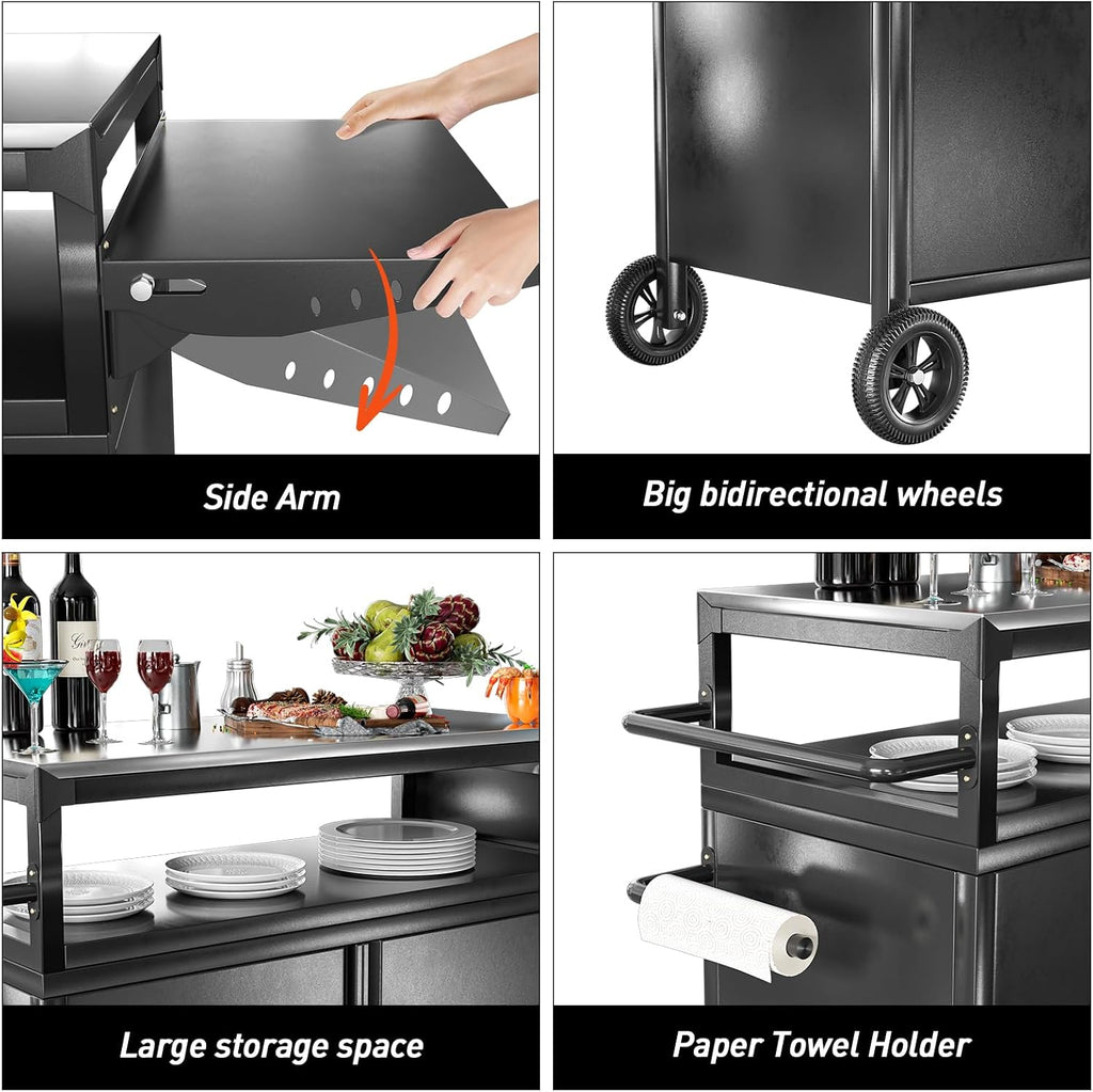 Outdoor Grill Table with Storage, Movable Outdoor Grill Cart, Stainless-Steel Tabletop Outdoor Kitchen Island, Patio Kitchen Island BBQ Cart with Wheels for Home BBQ Backyard Party