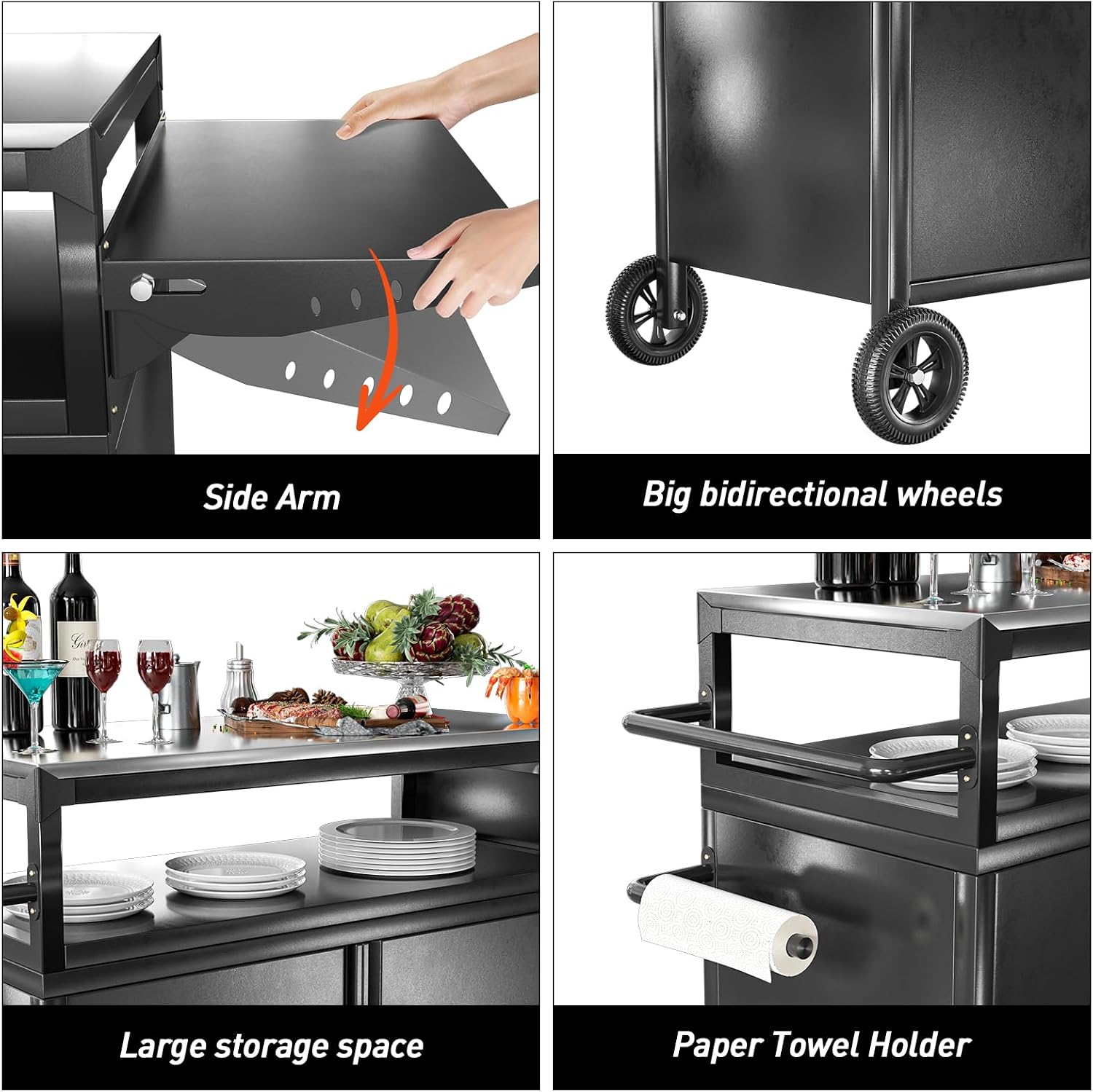 Outdoor Grill Table with Storage, Movable Outdoor Grill Cart, Stainless-Steel Tabletop Outdoor Kitchen Island, Patio Kitchen Island BBQ Cart with Wheels for Home BBQ Backyard Party