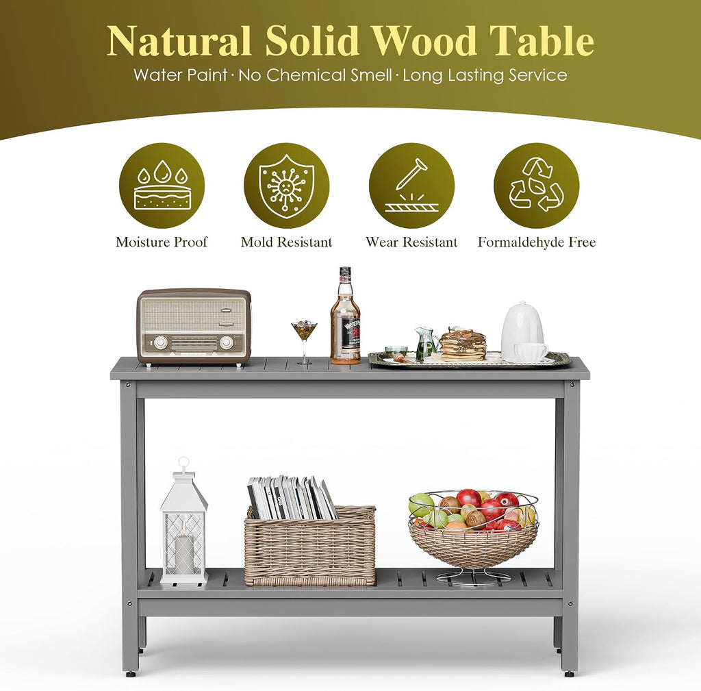 SUPER DEAL 48 inch Outdoor Console Table, 2-Tier Solid Wood Side Table Multifunctional Buffet Bar Storage Organizer with Adjustable Feet for All-Weather Indoor Outdoor Porch, Grey