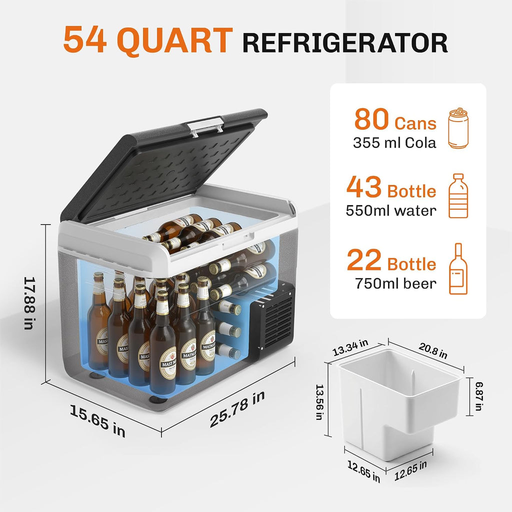 EKOJUCE 12 Volt Car Refrigerator, 54 Quart Electric Compressor Cooler with 12/24V DC & 110-240V AC, Car Fridge -4~68°F, Car Cooler APP Control, Portable Refrigerator for Travel, Truck, Camping, RV