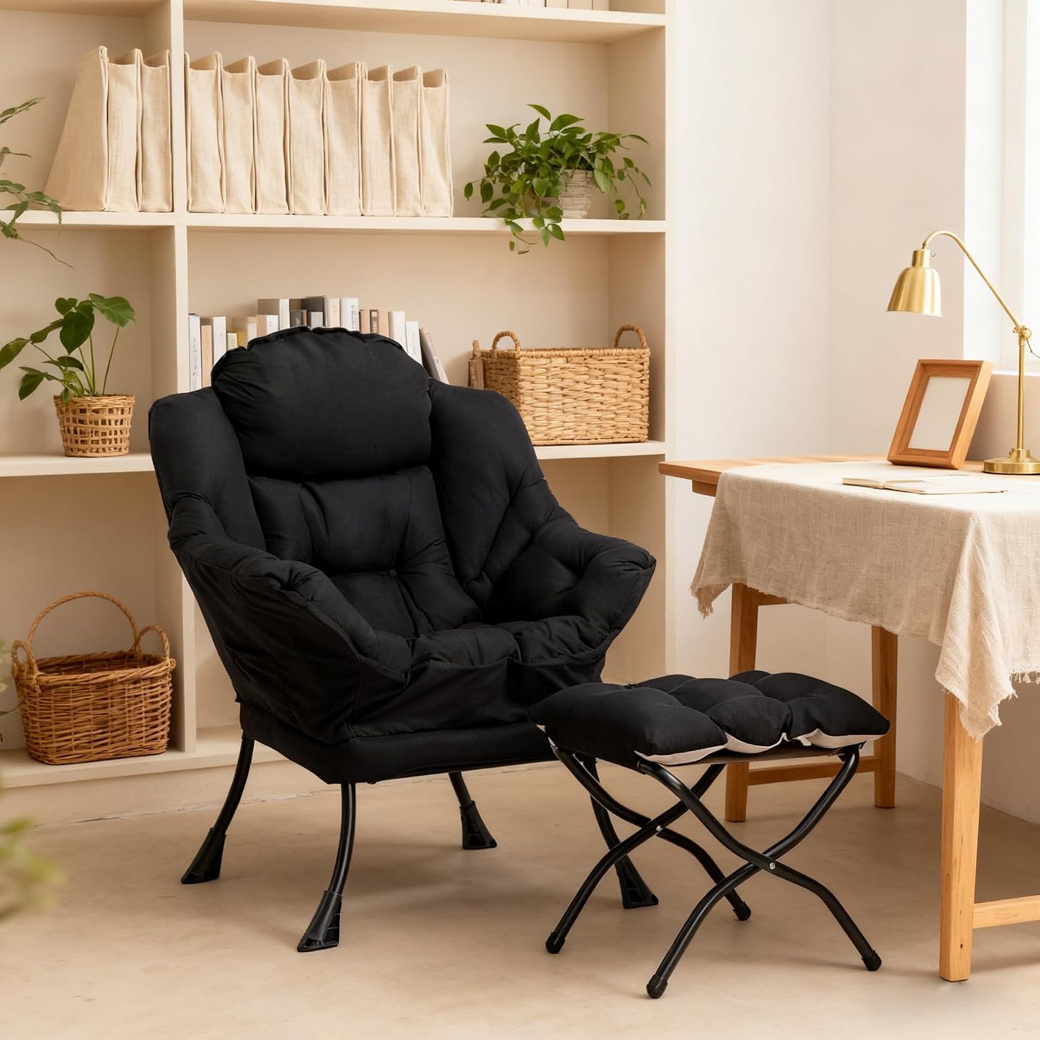 HollyHOME Lazy Chair with Foldable Ottoman, Accent Comfy Lounge Armchair and Folding Footrest Stool, Leisure Sofa Reading Chair and Footstool for Living Room, Bedroom, Dorm,Black