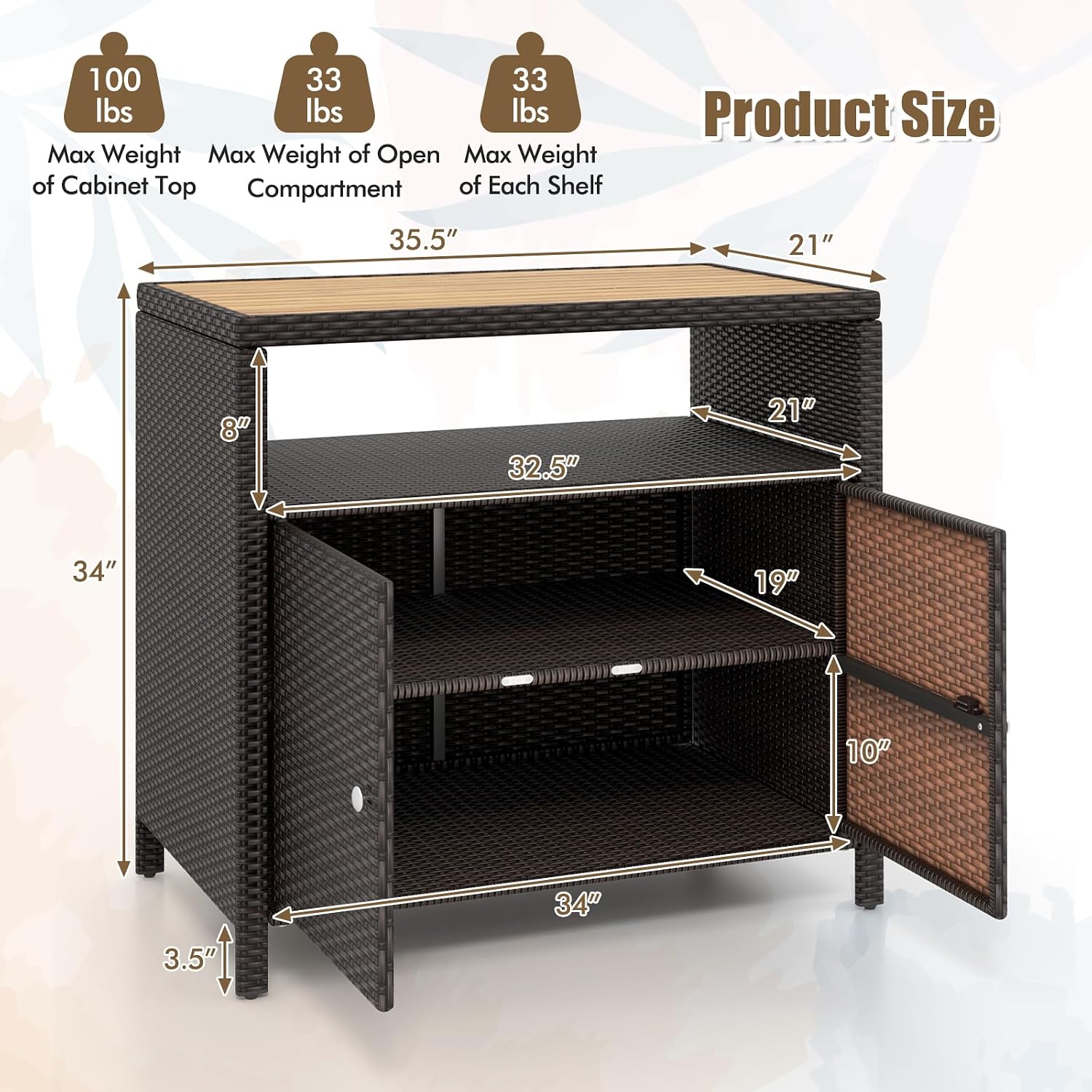 HAPPYGRILL Rattan Storage Cabinet, Patio Sideboard Buffet Cabinet with Acacia Wood Countertop, Open Shelf & 2 Door Cabinet, Wicker Storage Organizer for Garden Tools (Mixed Brown)