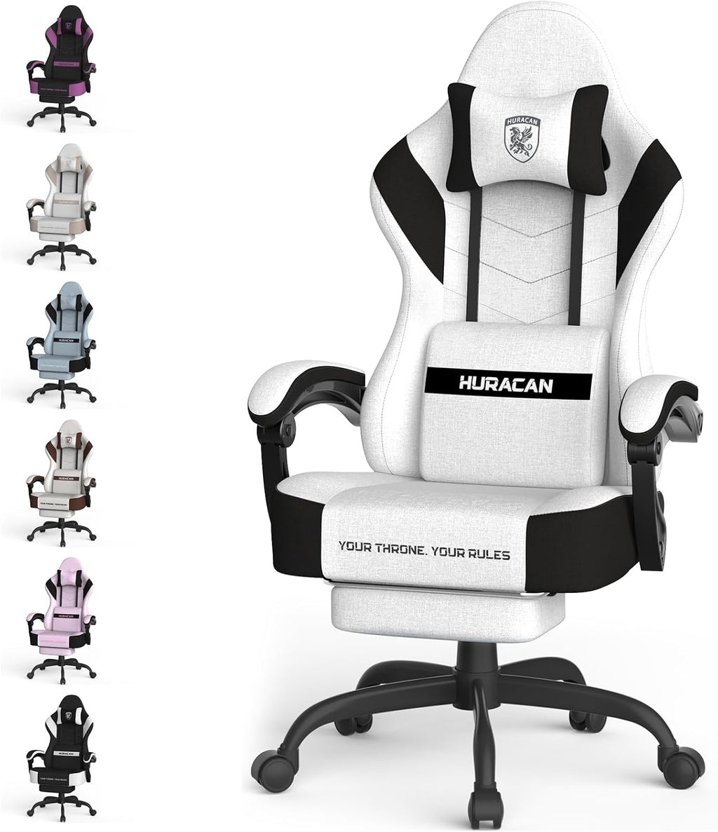 Ferghana Cotton Fabric Gaming Chair with Wider Seat Cushion, Shield-Shaped Embroidery Ergonomic High Back Game Chair with Footrest, Computer Chair with Massage Lumbar Support for Adult, White