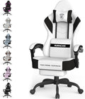 Ferghana Cotton Fabric Gaming Chair with Wider Seat Cushion, Shield-Shaped Embroidery Ergonomic High Back Game Chair with Footrest, Computer Chair with Massage Lumbar Support for Adult, White