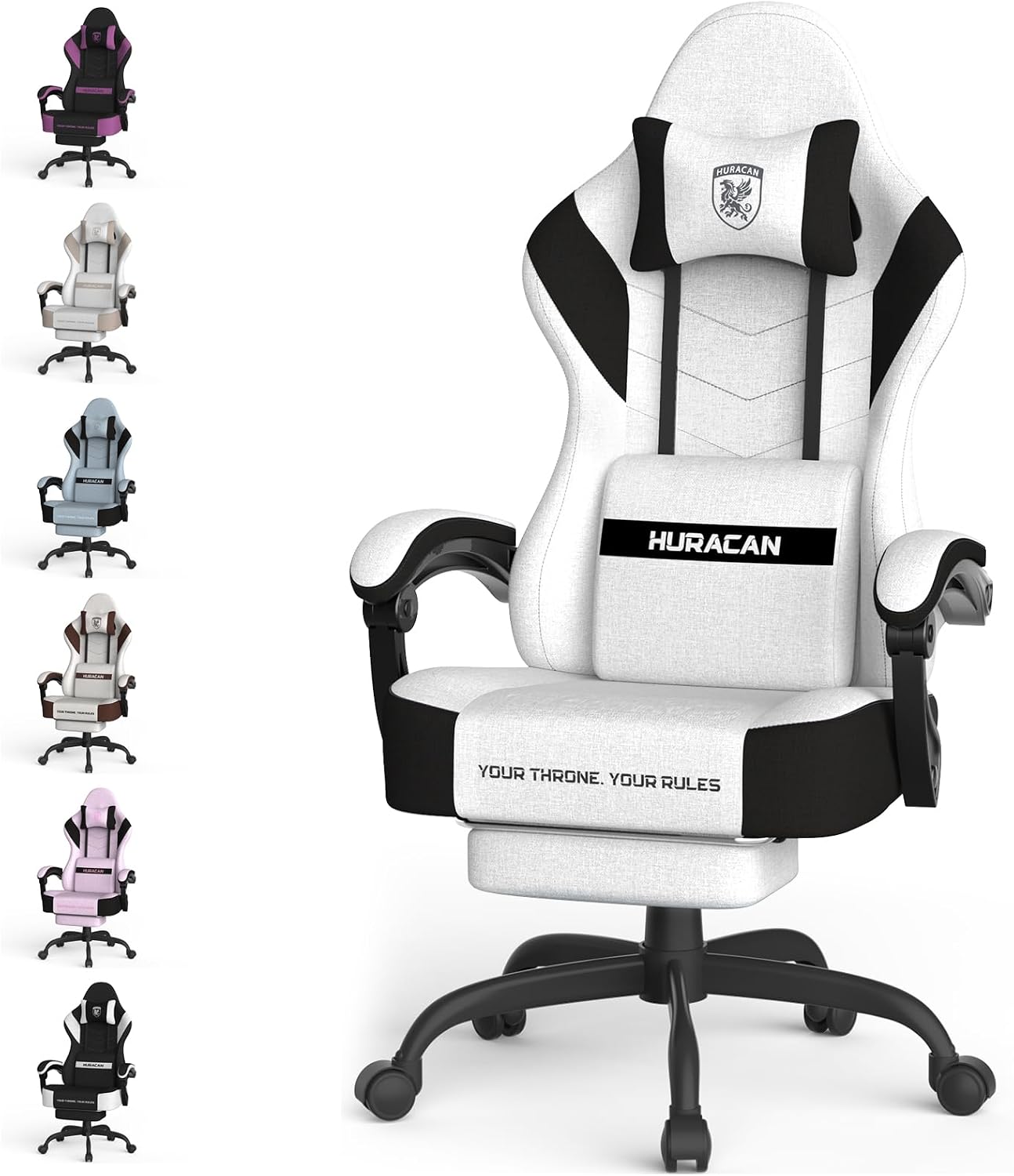 Ferghana Cotton Fabric Gaming Chair with Wider Seat Cushion, Shield-Shaped Embroidery Ergonomic High Back Game Chair with Footrest, Computer Chair with Massage Lumbar Support for Adult, White
