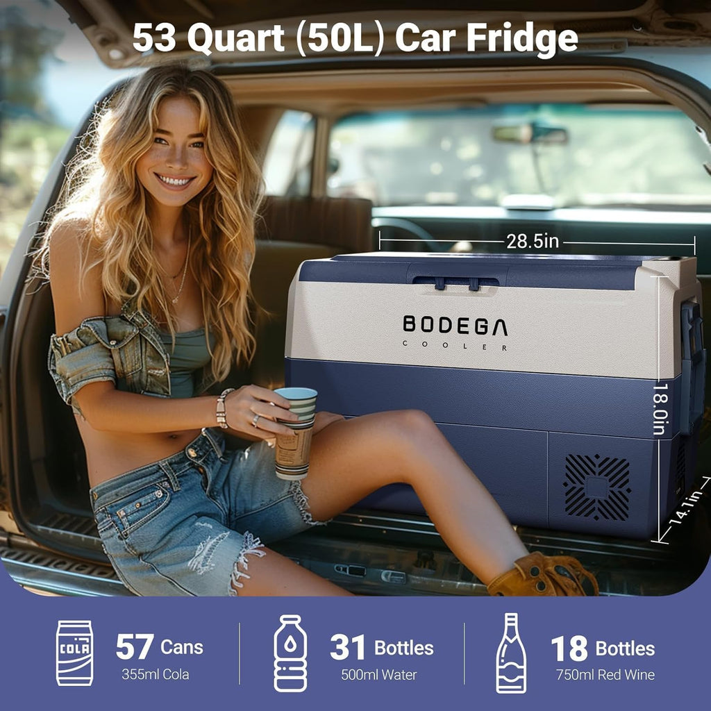 BODEGACOOLER 12 Volt Portable Car Refrigerator 53 Quart,Single Zone Car Freezer Fridge Bluetooth Control,(50L) -4℉-68℉ Electric Cooler 12/24V DC and 100-240V AC for Travel,Camping,RV, Road Trip