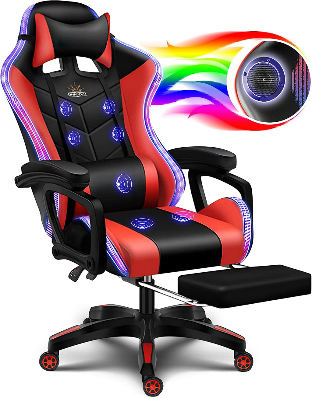 Gaming Chair with LED Lights and Speakers, Music Video Chair for Adults with Massage and Footrest, Ergonomic Chair with Headrest and Lumbar Support, Maximum Load 150KG. (Black+Red)