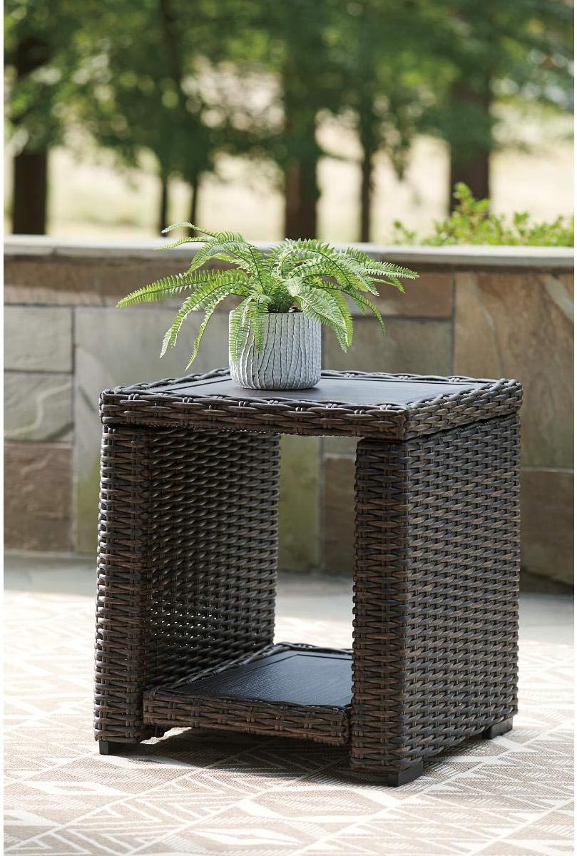 Signature Design by Ashley Grasson Lane Outdoor Rattan Square End Table with Storage, All-Weather Resin Wicker Handwoven Over Durable Aluminum Frame, Aluminum Tabletop and Shelf, 22.25' High, Brown