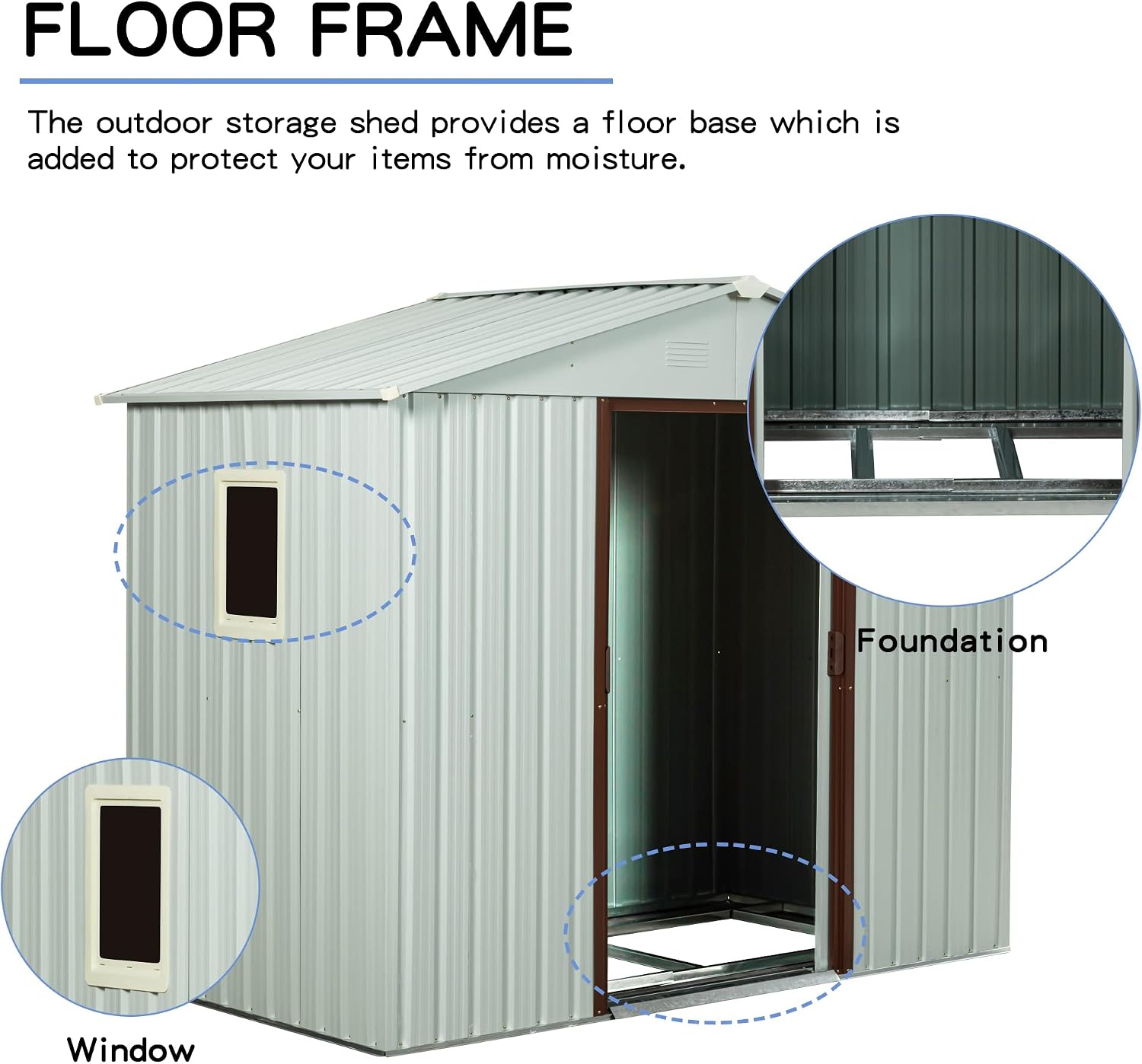 6 x 5 FT Outdoor Storage Shed, Metal Garden Shed with Floor Frame, Tool Shed Outdoor Storage with Lockable Sliding Doors & Window & Air Vents, Storage House Waterproof for Backyard, Lawn, White