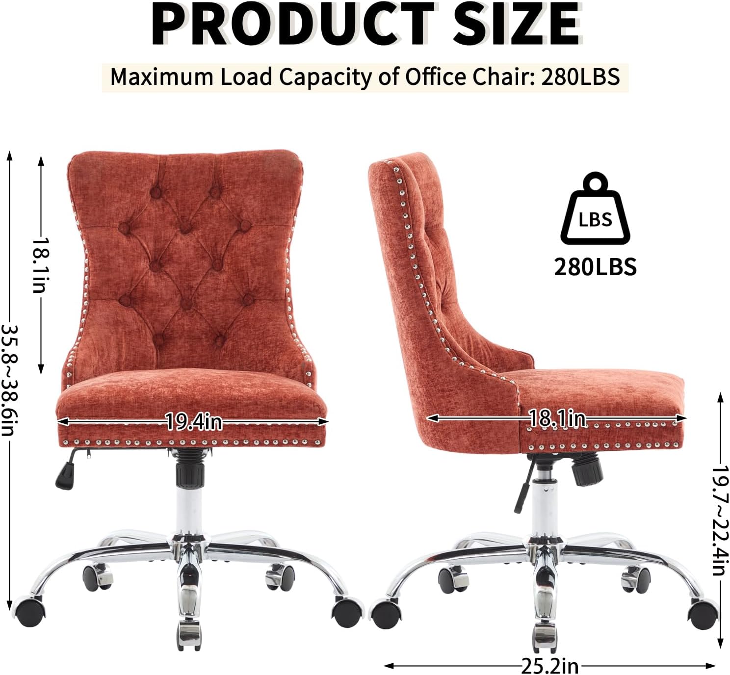 Home Office Chair with Wheels & Silver Base, Cute Chenille Fabric Makeup Vanity Chair with Tufted Back for Bedroom, Upholstered Adjustable Swivel Comfy Desk Chair for Girls Women, Orange
