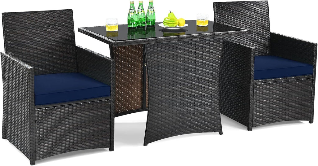 DORTALA Wicker Patio Bistro Set 3 Piece, Outdoor Table and Chairs with Tempered Glass Tabletop, Cushions, Small Rattan Furniture Conversation Sofa Set for Balcony, Porch, Backyard, Deck, Navy