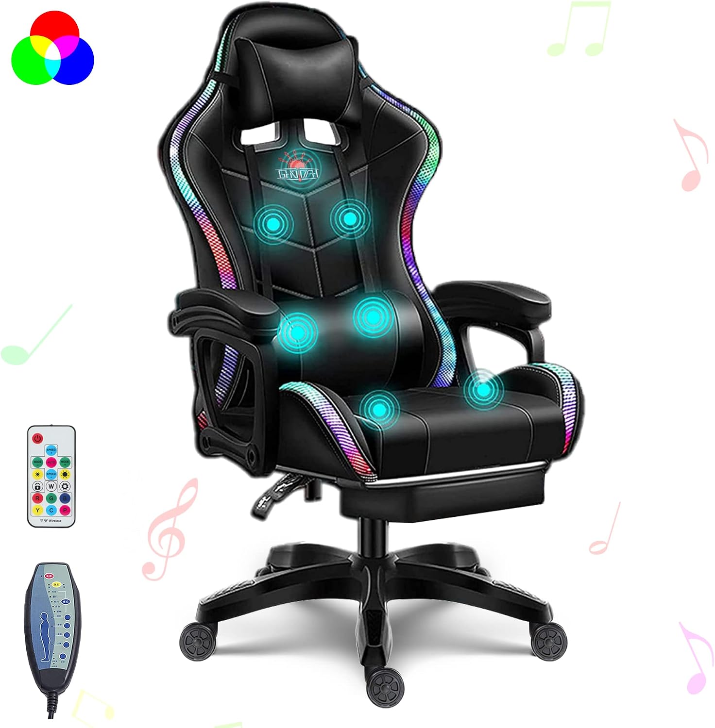 Gaming Chairs for Kids Adults Video Game Chair with LED Lights and Speakers Ergonomic 7-Point Massage Computer Chairs High Back Office Chair with Footrest and Lumbar Support Headrest,Black