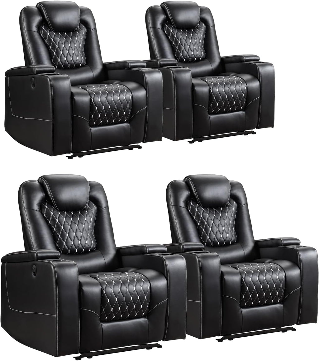 ANJ Power Recliner Chair Set of 4, Electric Soft Faux Leather Reclining Home Theater Seating - USB Ports, Cup Holders, Hidden Arm Storage Movie & Media Room Chairs (Black)