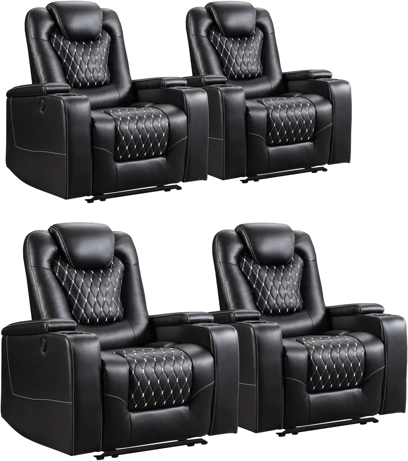 ANJ Power Recliner Chair Set of 4, Electric Soft Faux Leather Reclining Home Theater Seating - USB Ports, Cup Holders, Hidden Arm Storage Movie & Media Room Chairs (Black)