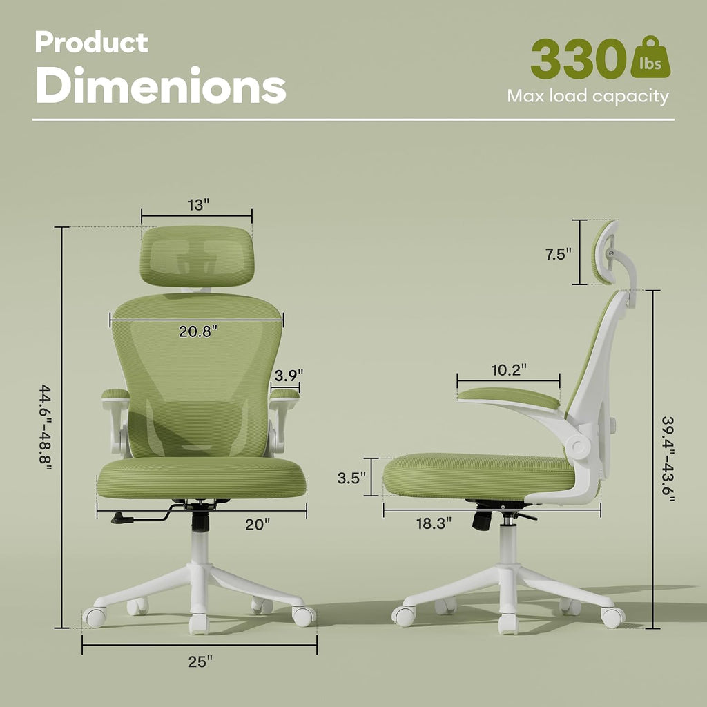 SeekFancy Ergonomic Office Chair M903, Computer Desk Chair with Wheels, High Back Mesh Office Chair with Adjustable Lumbar Support, Headrest, Flip-Up Armrests, Green