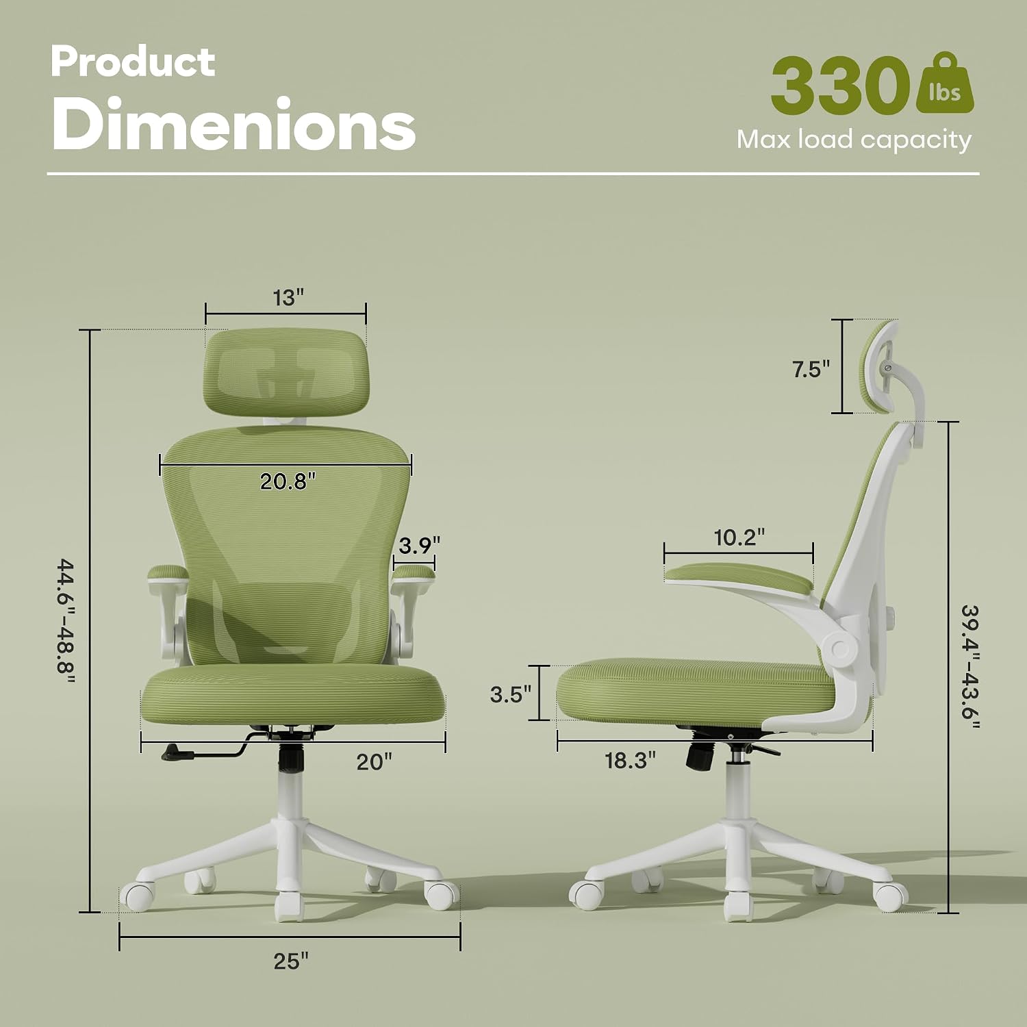 SeekFancy Ergonomic Office Chair M903, Computer Desk Chair with Wheels, High Back Mesh Office Chair with Adjustable Lumbar Support, Headrest, Flip-Up Armrests, Green