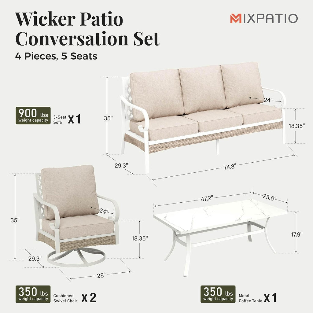 MIXPATIO 4 Piece Patio Furniture Set, 2 x Swivel Chair, 1 x 3-Seat Sofa with Marbling Coffee Table, All Cushioned 5 Seats Outdoor Conversation Set for Lawn Garden Backyard, Beige
