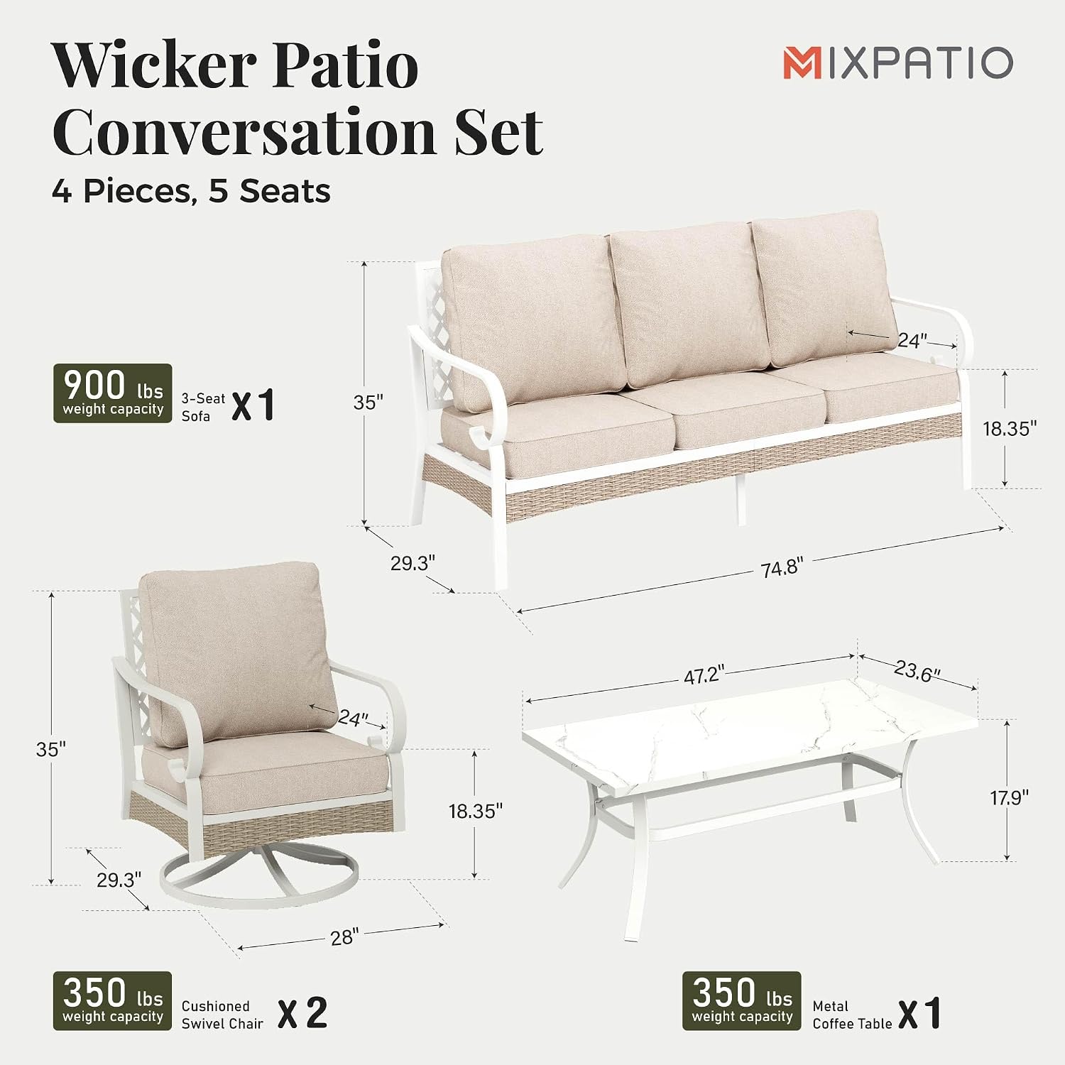 MIXPATIO 4 Piece Patio Furniture Set, 2 x Swivel Chair, 1 x 3-Seat Sofa with Marbling Coffee Table, All Cushioned 5 Seats Outdoor Conversation Set for Lawn Garden Backyard, Beige