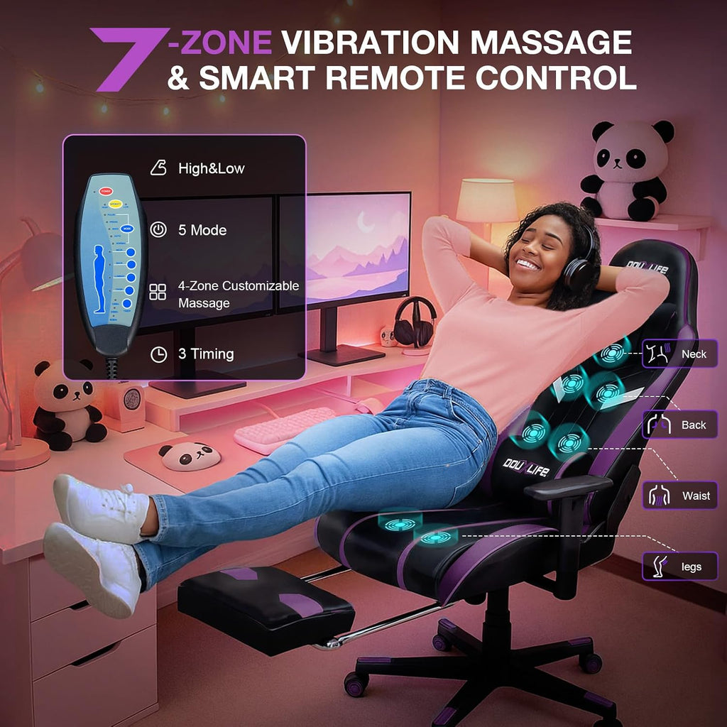 Douxlife 7-Point Massage Gaming Chair with Footrest, 400lbs Heavy Duty Ergonomic Computer Chair, 175° Reclining High Back Racing Seat for Adults with Adjustable Armrests & Lumbar Support, Purple
