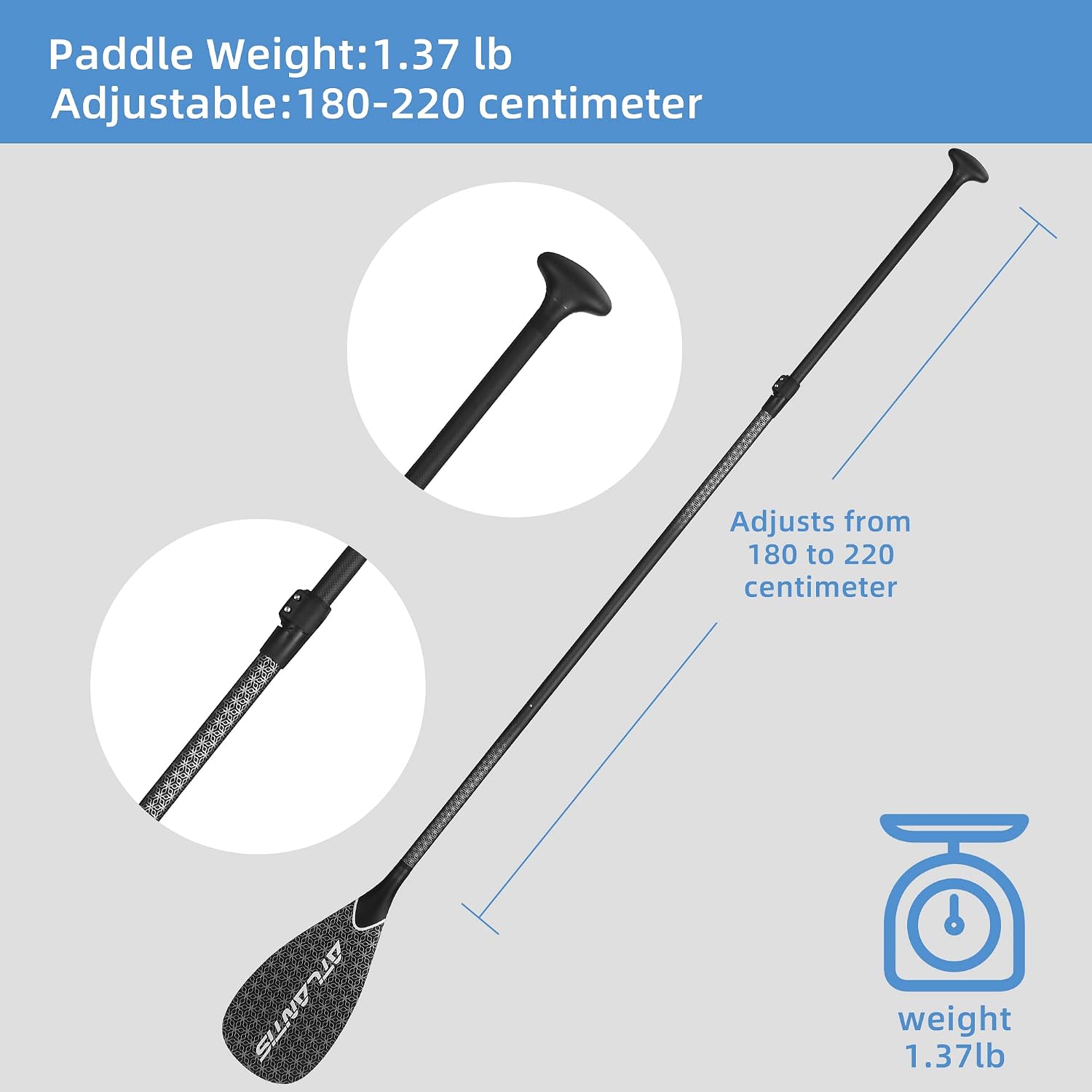 AQUBONA SUP Paddle- 3 Pieces 100% Carbon Fiber Adjustable Stand Up Paddle Board Paddle, Portable Durable Floating Paddle Board. (F) (Black)