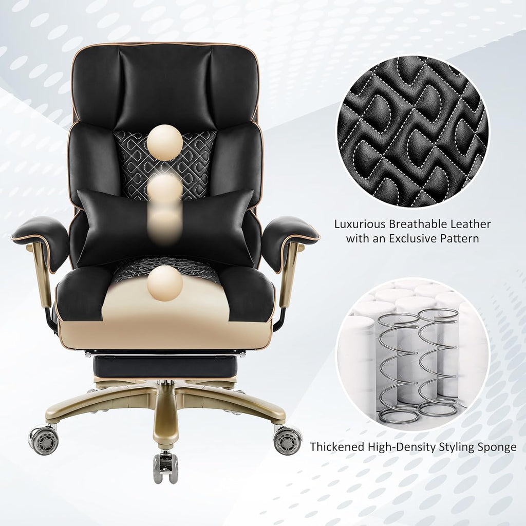 Big Tall Executive Office Chair 500lbs, Comfortable PU Leather Desk Chair with Footrest Adjustable Air Back Support, Lumbar Massage Function, 360°Swivel, Tilt Recline,Height Adjustment,Black