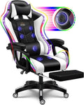 LED Gaming Chair with Speakers, Seven-points Massage Computer Chair with Footrest,Ergonomic Racing Office Chair PU Leather Recliner 360°Swivel Gamer Chair with Lumbar Support Headrest Armrest,White