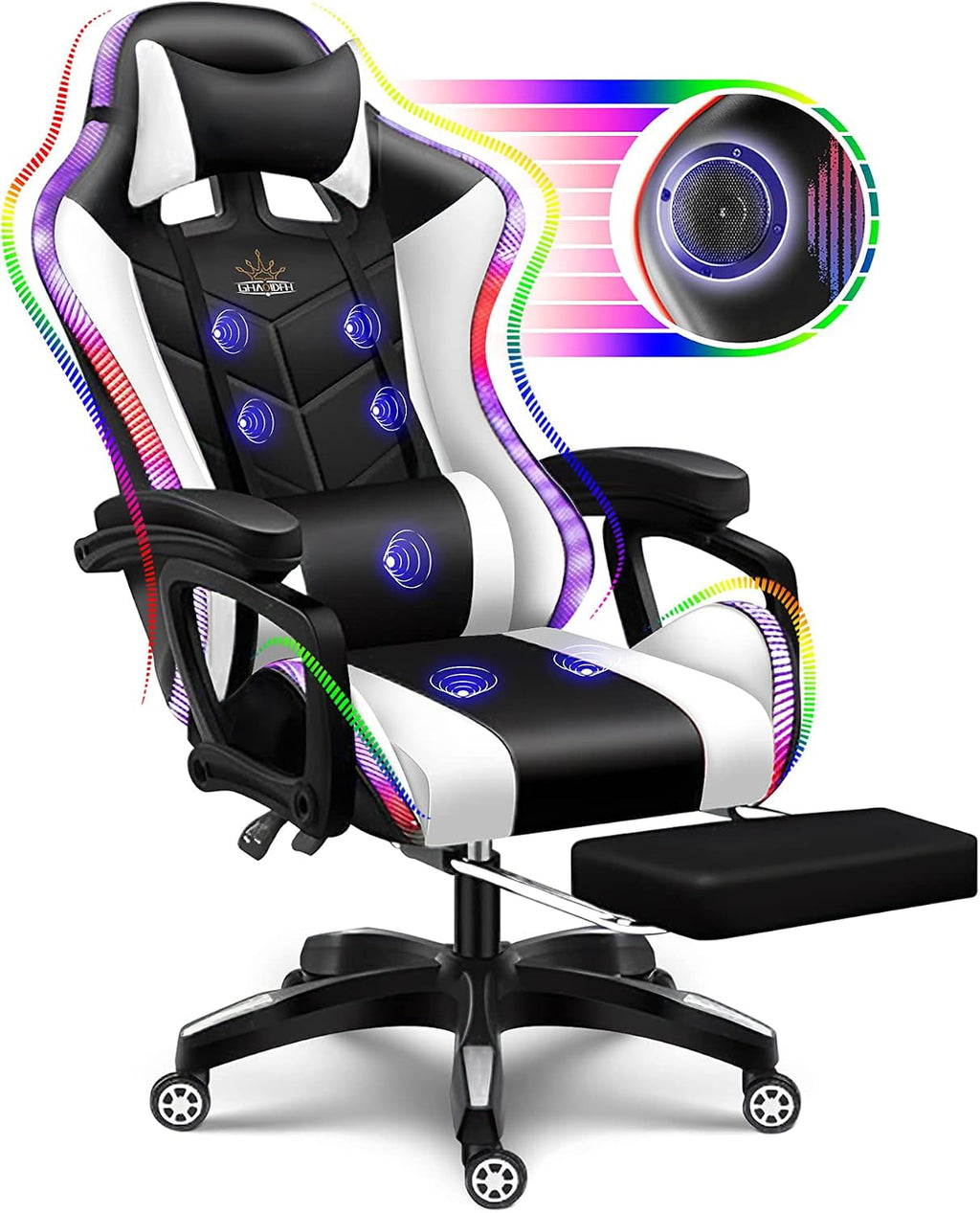 Gaming Chair with LED Light, Ergonomic Chair with Massage and Bluetooth Speaker, Executive Office Chair with Footrest, 360° Rotation,90-135° Adjustable,Suitable for Office, Bedroom, Gaming