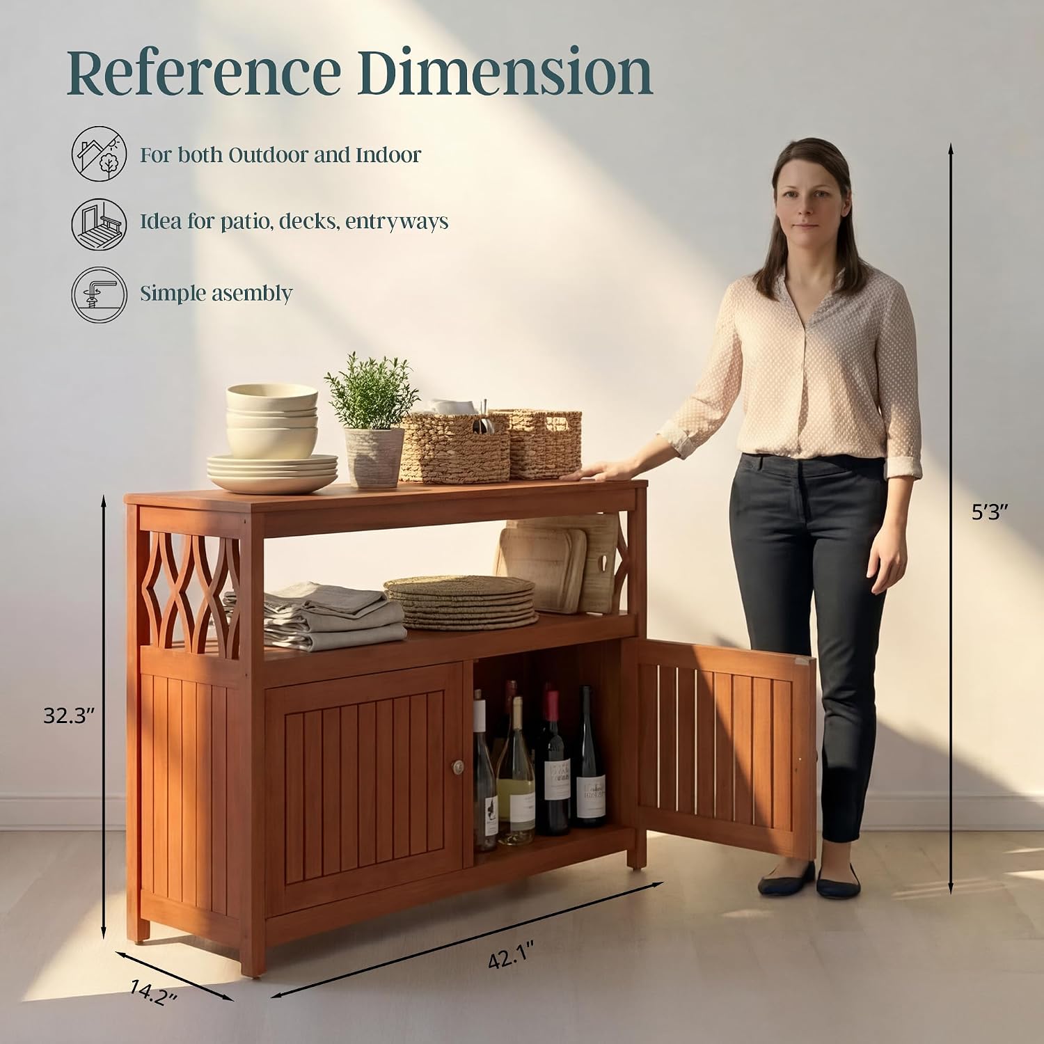 DTY Outdoor Living Longs Peak Eucalyptus Wood Sideboard Table, Outdoor Buffet Cabinet with Storage, Natural Oil Weather-Resistant Finish