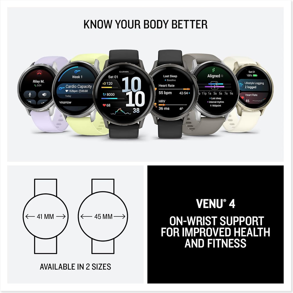 Garmin Venu 4, 41mm, Advanced Fitness Tracker GPS Smartwatch, 1.2' AMOLED Display, Built-in Flashlight, 10 Days of Battery Life, Silver with Periwinkle Silicone Band (Watch Bundle)