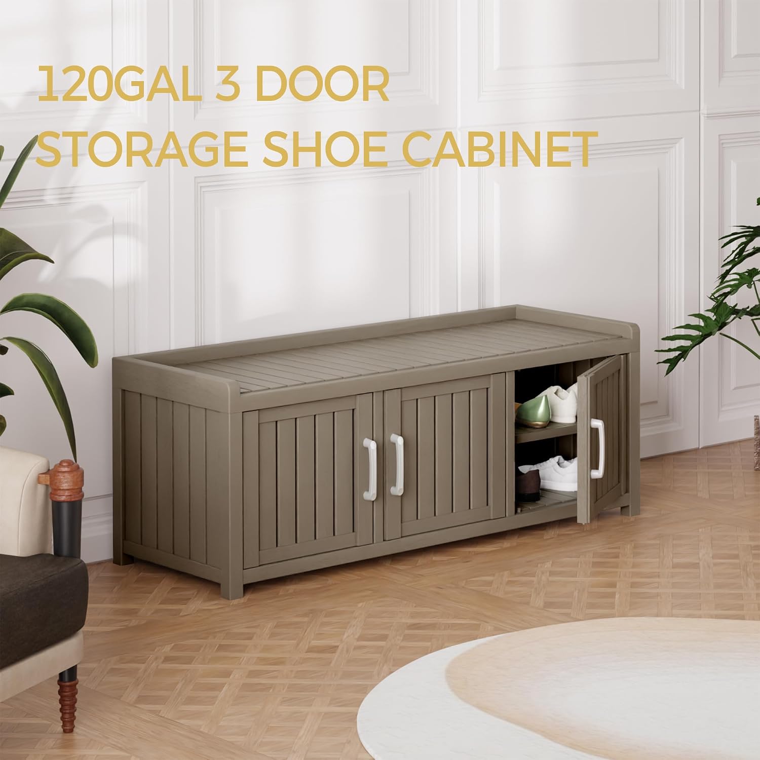 Shoe Bench - Waterproof Resin Storage Bench with Adjustable Shelves - Indoor & Outdoor Use, 3 Doors Entryway Bench with Hidden Storage Space - Storage Cabinet for Bedroom, Hallway, Grey
