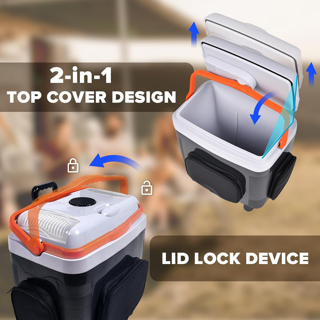 Kikihouse Electric Car Cooler & Warmer with Wheels & Handle, 32 Quart (30 L) 12 Volt DC & 110V AC Portable Thermoelectric Fridge Plug in Cooler for Car/Camping/Travel/Truck/Picnic