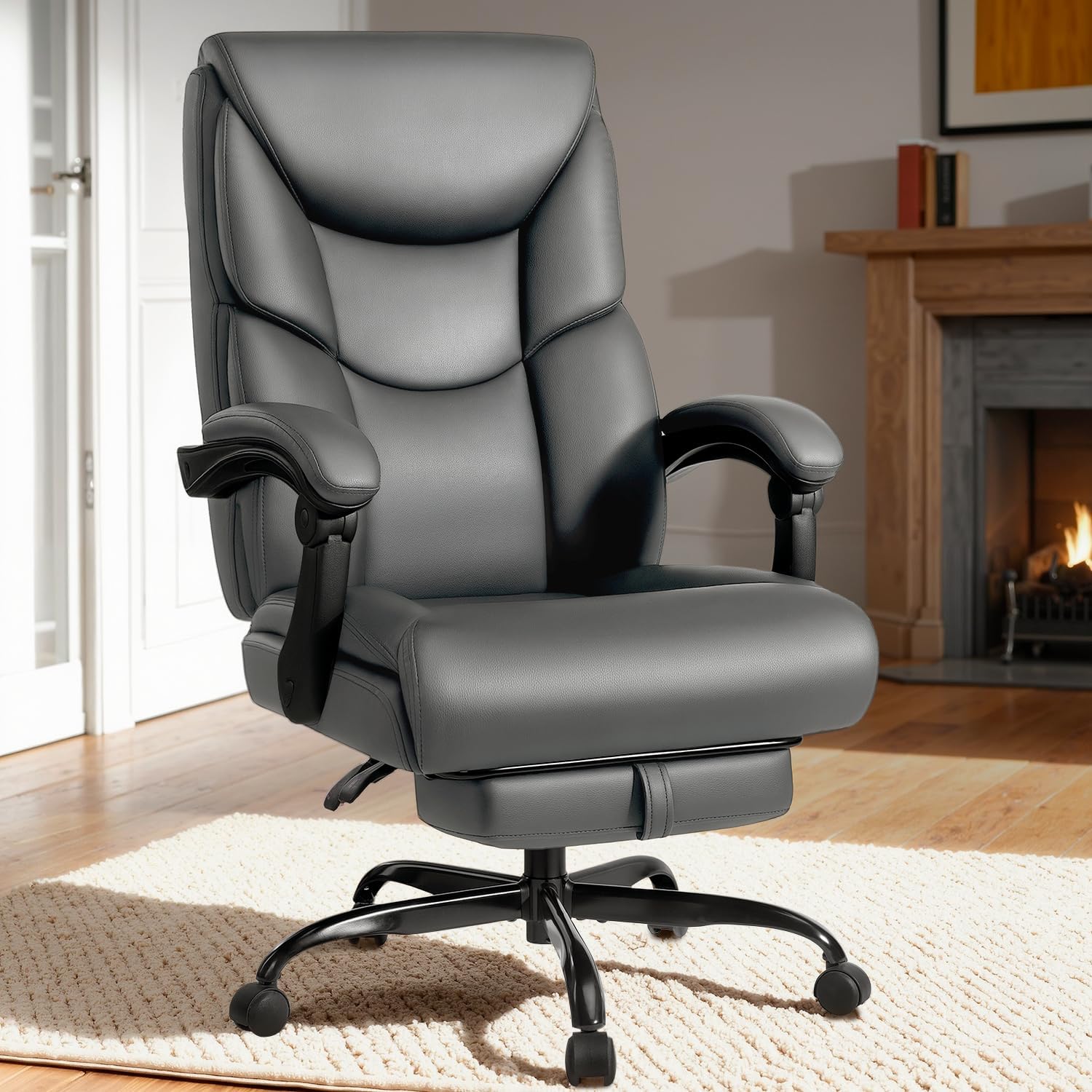 WAILOR 400lbs Office Chair with Foot Rest, Reclining Big and Tall Office Chair with Lumbar Support, High Back PU Leather Computer Chair,Comfy Desk Chair for Home Office (Gray)