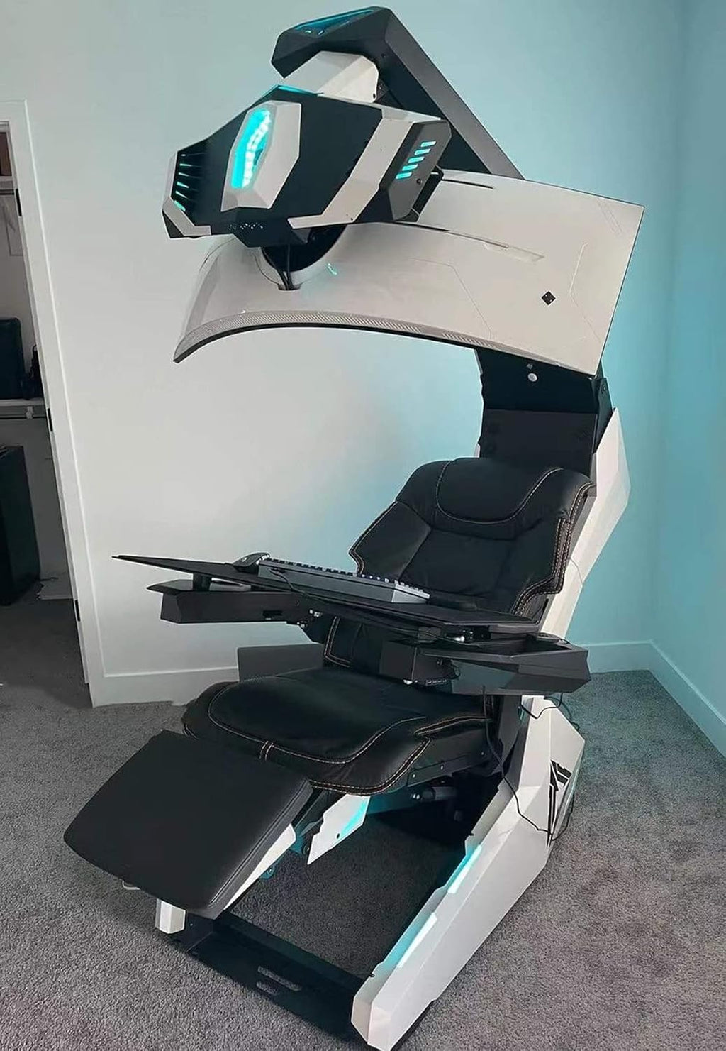 Imperatorworks R1 Pro White Executive Boss Massage Genuine Leather Chair Cockpit with Speakers Starlight RGB Support 3 Monitors Motorized Distance Adjustable