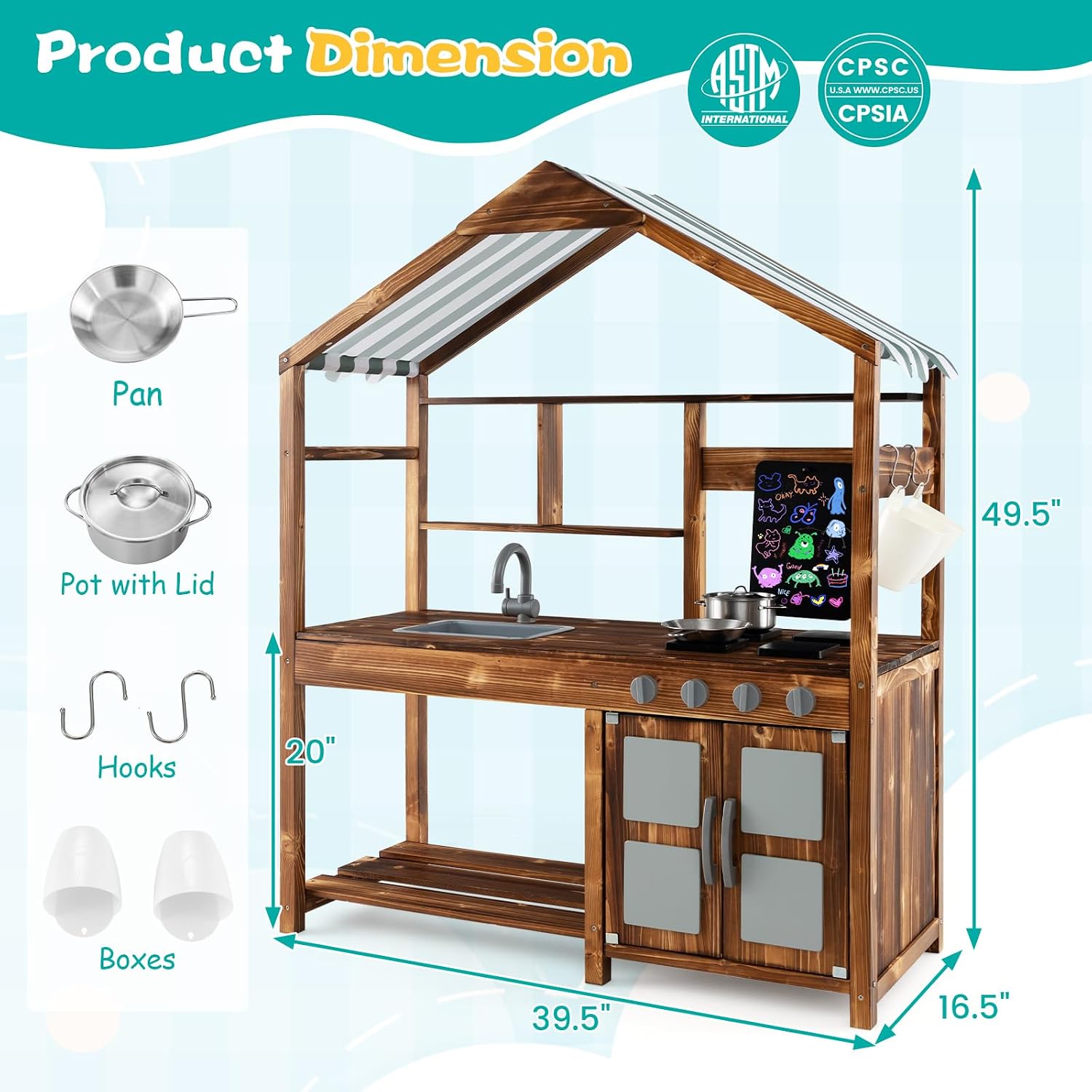Costzon Mud Kitchen for Kids Outdoor, Wooden Pretend Play Kitchen w/Canopy, Chalkboard, Stove, Removable Sink, Cooking Accessories & Storage, Montessori Toy for Preschool, Backyard, Garden (3+ Years)