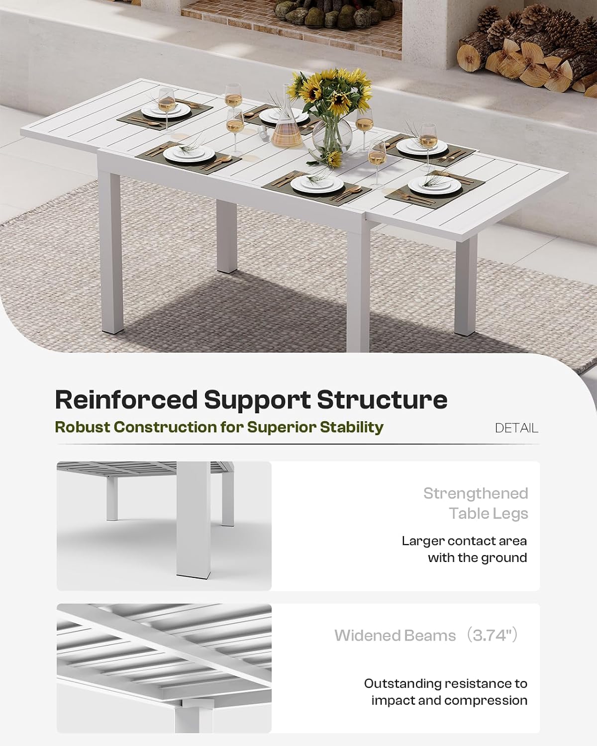 All-Aluminum Expandable Outdoor Patio Dining Table for 4-8 Person, All-Weather Rectangular Outdoor Table(48'-79') with Smooth Cilde Rails & Secure Locking Handle for Garden, Indoor, White