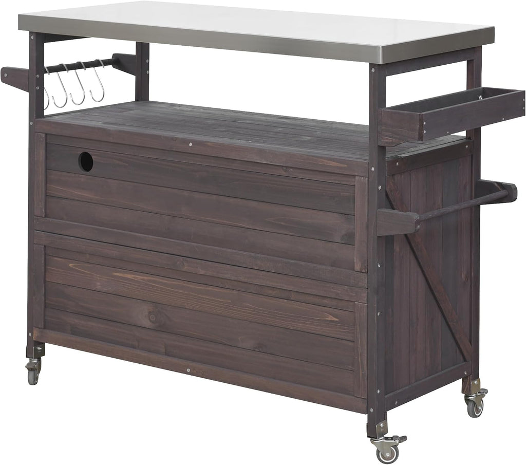 Outdoor Grill Table Bar Cart with Stainless Steel Top, Farmhouse Solid Wood Outdoor Kitchen Island with Spice Rack and Towel Rack, Rolling Island Cart for Kitchen, BBQ, Garden, Patio, Dark Brown