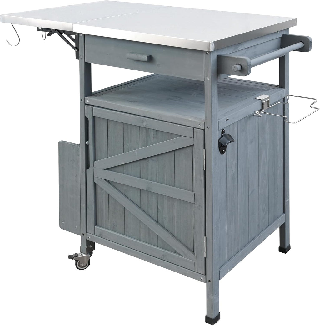 LUMISOL Outdoor Rolling Kitchen Island with Drop Leaf, 40.5' Solid Wood Outdoor Grill Table with Stainless Steel Top, Drawer and Towel Rack, Outdoor Storage Cabinet with Lockable Wheels, Blue Grey