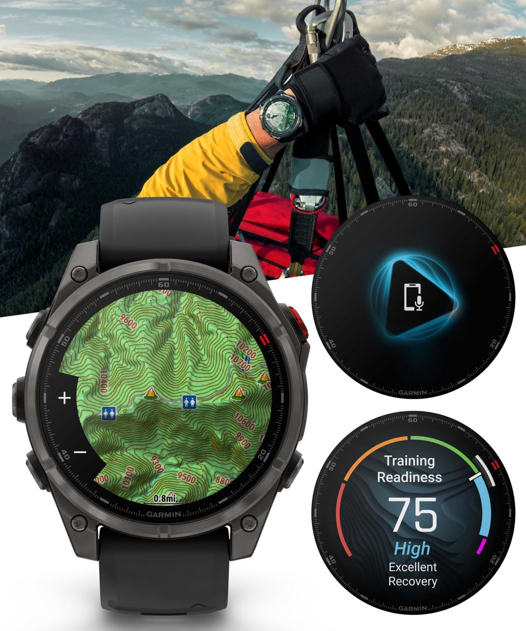 Garmin Fenix 8 Pro 47mm AMOLED Sapphire Premium Connected Multisport GPS Smartwatch, inReach Technology, Carbon Gray DLC Titanium w/Black Silicone Band with Black Earbuds Bundle
