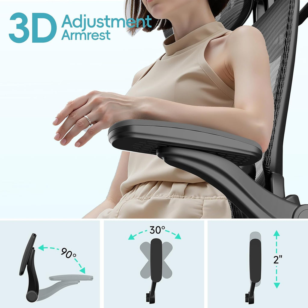 Alllion Ergonomic Mesh Office Chair, Home Desk Chair Comfy High Back with Adjustable Lumbar Support, 3D Headrest, Flip-up Arms, Big and Tall Reclining Computer Gaming Chairs for Men Women, Black