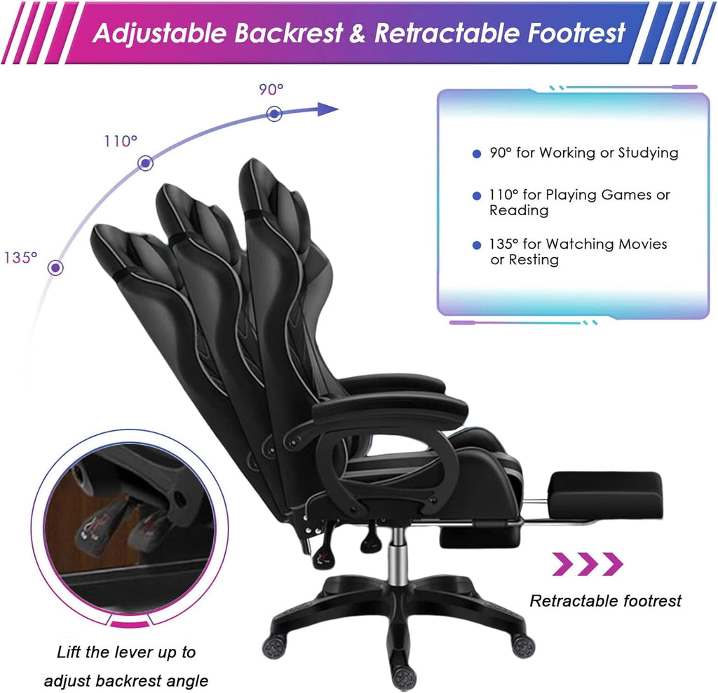 LED Gaming Chair with Speakers, Massage Computer Chair Ergonomic Racing Office Chair PU Leather Recliner Swivel Gamer Chair with Lumbar Support Headrest Armrest and Footrest,Pink