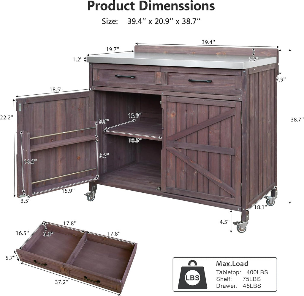 LUMISOL Outdoor Grill Cart Set with Stainless Steel Station, 2 Piece Outdoor Kitchen Island Set with Faucet, Drawer, 2 Door Shelves, Outdoor Storage Cabinet with Storage Racks & Wheels, Dark Brown