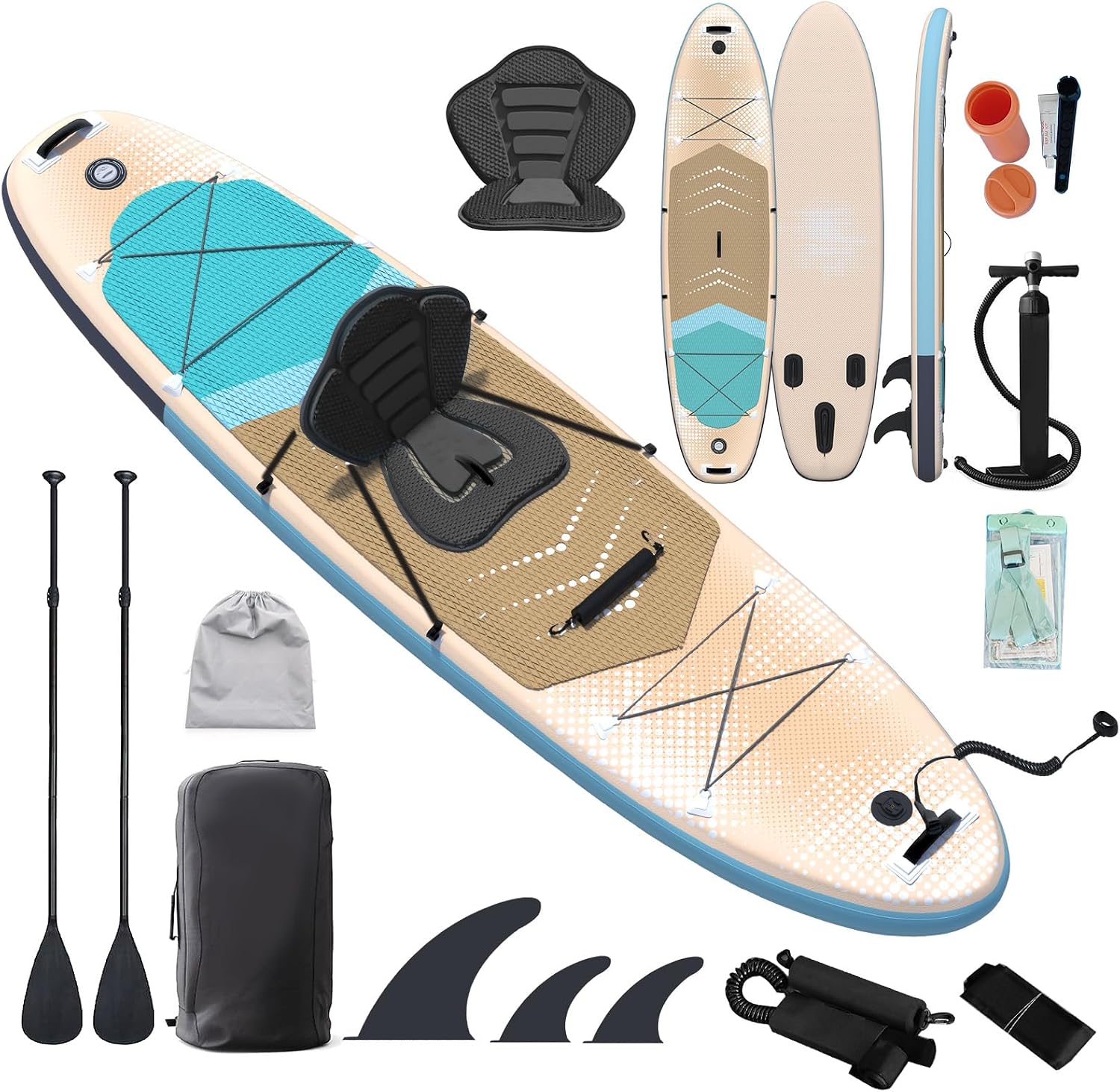 Inflatable 10.5' Stand Up Paddle Board with Strapped Seat, Premium SUP Board Kit, Includes Paddle, Pump, Backpack, Waterproof Bag, Perfect for Yoga, Fishing, and Surfing, Orange & Blue